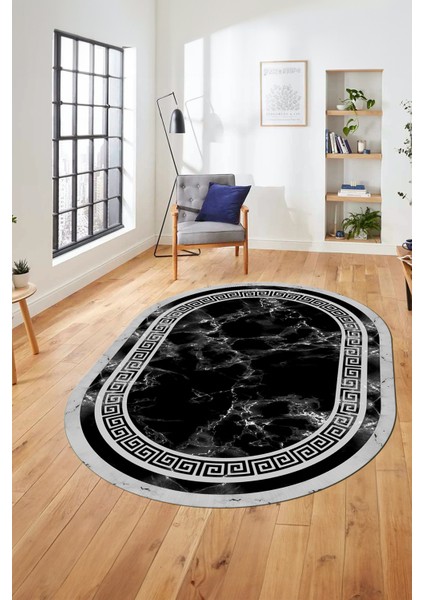 Mermer Desen Kaymaz Yıkanabilir Oval Yolluk Mutfak Koridor Salon Halısı, O-Mermer-21-Siyah,