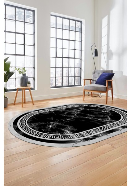 Mermer Desen Kaymaz Yıkanabilir Oval Yolluk Mutfak Koridor Salon Halısı, O-Mermer-21-Siyah,