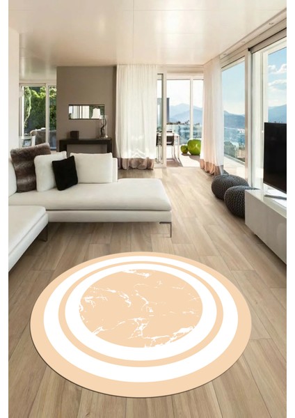 Baskılı Kaymaz Yıkanabilir Şık Mermer Desenli Yuvarlak Mutfak Salon Halısı, Y-Mermer-06-Krem,