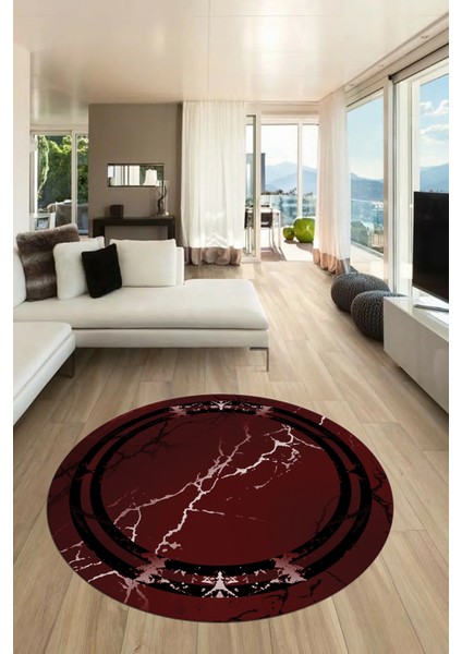 Baskılı Kaymaz Yıkanabilir Mermer Desen Modern Yuvarlak Mutfak Salon Halısı, Y-Mermer-08-Bordo,