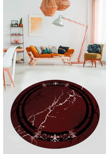 Baskılı Kaymaz Yıkanabilir Mermer Desen Modern Yuvarlak Mutfak Salon Halısı, Y-Mermer-08-Bordo,