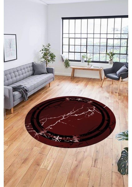 Baskılı Kaymaz Yıkanabilir Mermer Desen Modern Yuvarlak Mutfak Salon Halısı, Y-Mermer-08-Bordo,