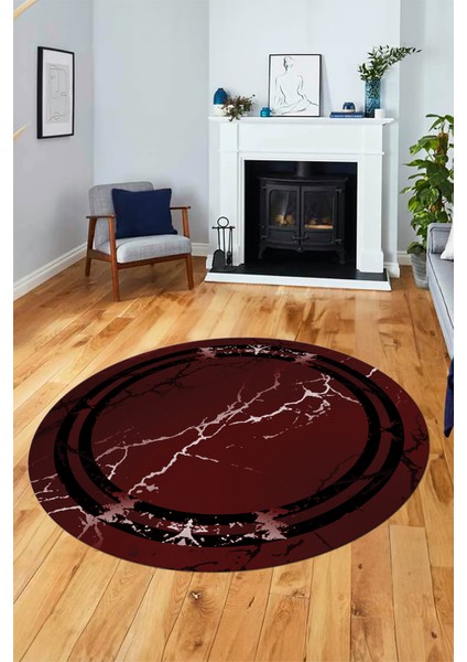 Baskılı Kaymaz Yıkanabilir Mermer Desen Modern Yuvarlak Mutfak Salon Halısı, Y-Mermer-08-Bordo,