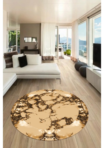 Modern Tasarım Mermer Desen Dijital Kaymaz Yıkanabilir Yuvarlak Salon Halısı, Y-Mermer-30-Kahve,