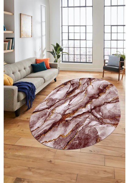 Baskılı Kaymaz Yıkanabilir Mermer Desenli Oval Mutfak Yolluk Salon Halısı, O-Mermer-02-Bordo, indirimleri
