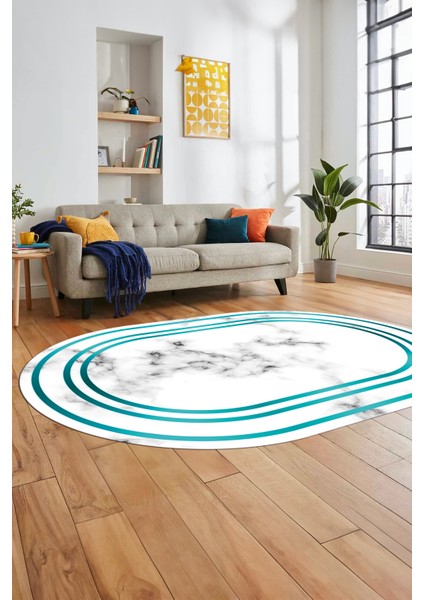 Baskılı Kaymaz Yıkanabilir Modern Mermer Desen Oval Mutfak Yolluk Salon Halısı, O-Mermer-05-Mavi, indirimleri