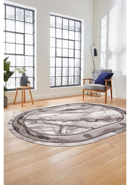 Baskılı Kaymaz Yıkanabilir Çerçeve Mermer Desen Oval Mutfak Yolluk Salon Halısı, O-Mermer-03-Gri,
