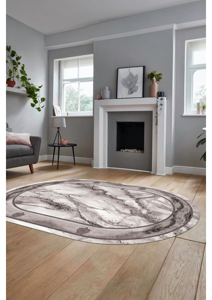 Baskılı Kaymaz Yıkanabilir Çerçeve Mermer Desen Oval Mutfak Yolluk Salon Halısı, O-Mermer-03-Gri,