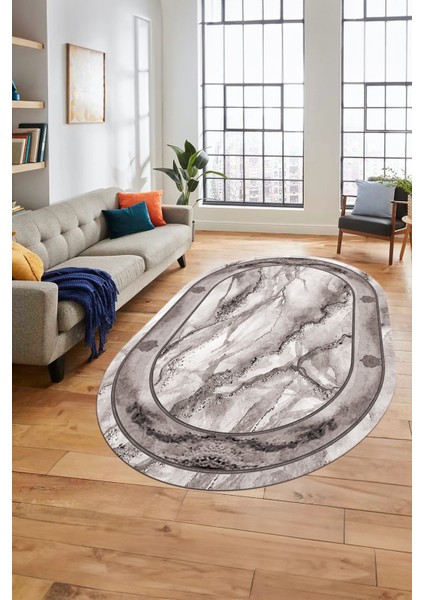 Baskılı Kaymaz Yıkanabilir Çerçeve Mermer Desen Oval Mutfak Yolluk Salon Halısı, O-Mermer-03-Gri,