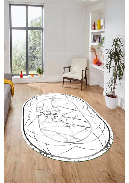 Şık Tasarım Mermer Desen Dijital Kaymaz Yıkanabilir Oval Yolluk Salon Halısı, O-Mermer-17-Gümüş, modelleri