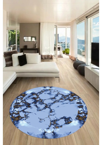 Modern Tasarım Mermer Desen Dijital Kaymaz Yıkanabilir Yuvarlak Salon Halısı, Y-Mermer-30-Mavi,