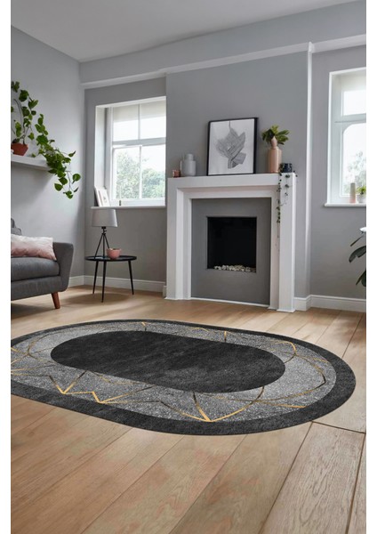 Şık Mermer Desenli Dijital Kaymaz Yıkanabilir Oval Yolluk Koridor Salon Halısı, O-Mermer-13-Antrast,