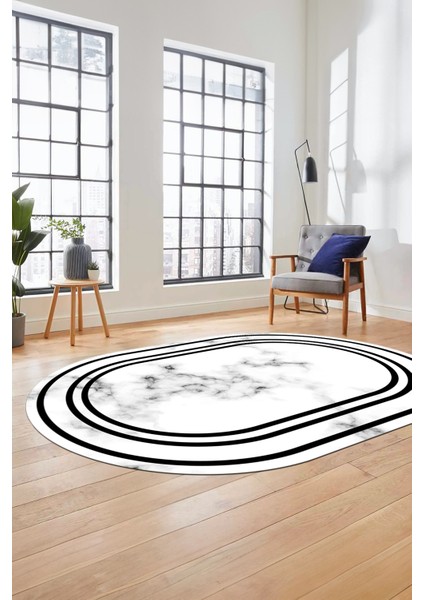 Baskılı Kaymaz Yıkanabilir Modern Mermer Desen Oval Mutfak Yolluk Salon Halısı, O-Mermer-05-Siyah,