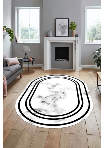 Baskılı Kaymaz Yıkanabilir Modern Mermer Desen Oval Mutfak Yolluk Salon Halısı, O-Mermer-05-Siyah, fiyatları