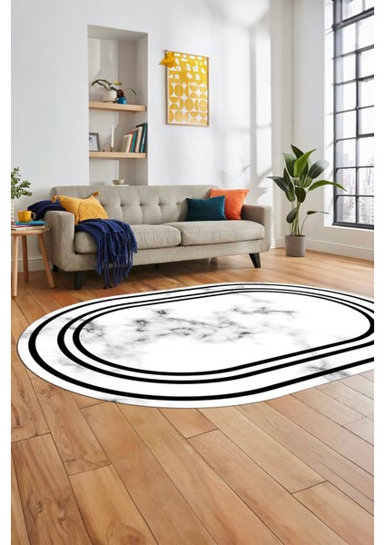 Baskılı Kaymaz Yıkanabilir Modern Mermer Desen Oval Mutfak Yolluk Salon Halısı, O-Mermer-05-Siyah, indirimleri
