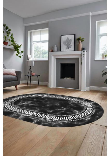Şık Çerçeveli Mermer Dijital Kaymaz Yıkanabilir Oval Yolluk Koridor Salon Halısı, O-Mermer-14-Antrasit,