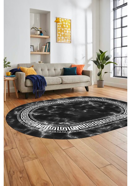 Şık Çerçeveli Mermer Dijital Kaymaz Yıkanabilir Oval Yolluk Koridor Salon Halısı, O-Mermer-14-Antrasit,