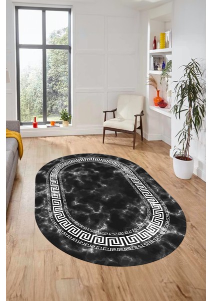Şık Çerçeveli Mermer Dijital Kaymaz Yıkanabilir Oval Yolluk Koridor Salon Halısı, O-Mermer-14-Antrasit, fırsatları