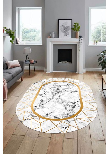 Mermer Desenli Dijital Kaymaz Yıkanabilir Oval Mutfak Koridor Salon Halısı, O-Mermer-11-Gold,