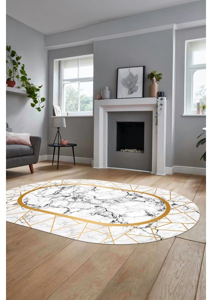 Mermer Desenli Dijital Kaymaz Yıkanabilir Oval Mutfak Koridor Salon Halısı, O-Mermer-11-Gold,