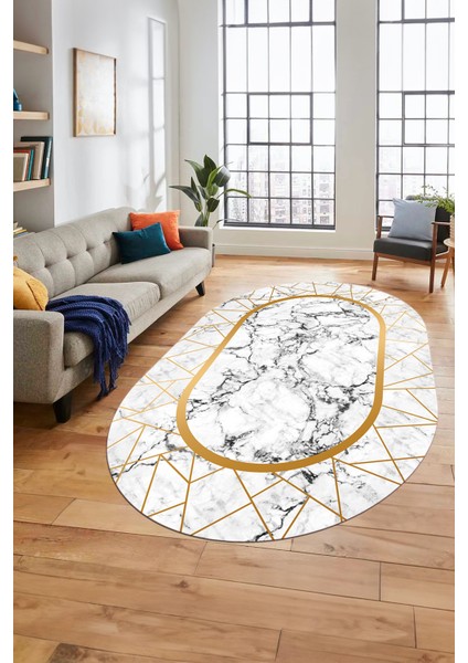 Mermer Desenli Dijital Kaymaz Yıkanabilir Oval Mutfak Koridor Salon Halısı, O-Mermer-11-Gold,