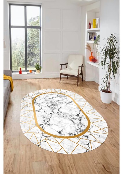 Mermer Desenli Dijital Kaymaz Yıkanabilir Oval Mutfak Koridor Salon Halısı, O-Mermer-11-Gold,