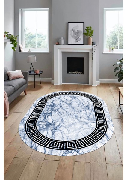 Çerçeveli Mermer Desenli Dijital Kaymaz Yıkanabilir Oval Koridor Salon Halısı, O-Mermer-12-Mavi,