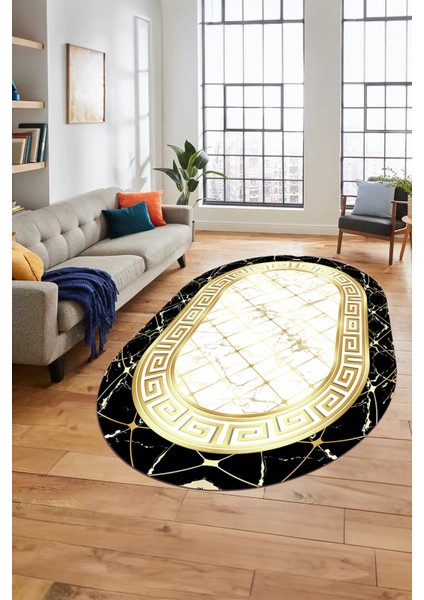 Çerçeveli Mermer Desen Dijital Kaymaz Yıkanabilir Oval Yolluk Salon Halısı, O-Mermer-18-Gold,