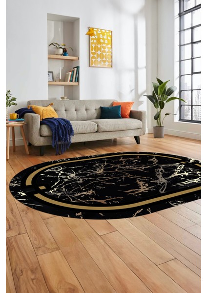 Baskılı Kaymaz Yıkanabilir Zarif Mermer Desenli Oval Mutfak Yolluk Salon Halısı, O-Mermer-07-Siyah, indirimleri