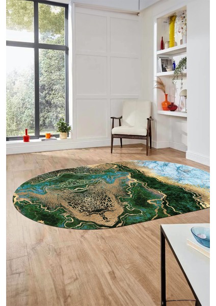 Modern Mermer Desen Kaymaz Yıkanabilir Oval Yolluk Mutfak Koridor Salon Halısı, O-Mermer-25-Yeşil,