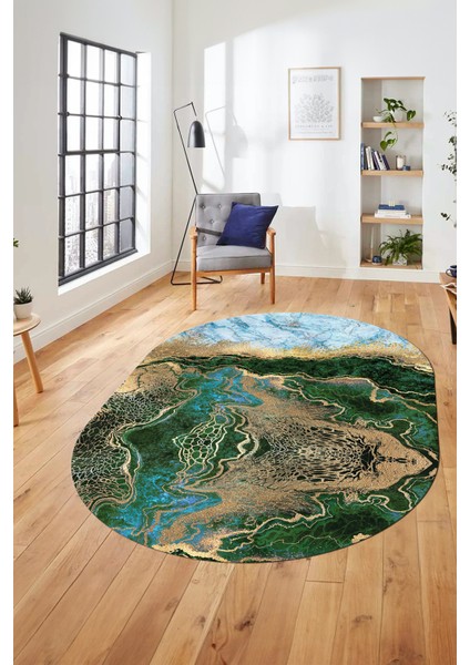 Modern Mermer Desen Kaymaz Yıkanabilir Oval Yolluk Mutfak Koridor Salon Halısı, O-Mermer-25-Yeşil,