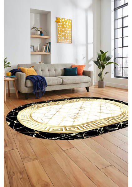Çerçeveli Mermer Desen Dijital Kaymaz Yıkanabilir Oval Yolluk Salon Halısı, O-Mermer-18-Gold, fiyatları