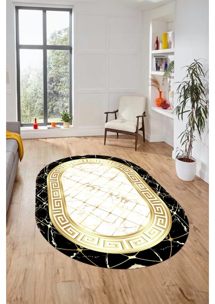 Çerçeveli Mermer Desen Dijital Kaymaz Yıkanabilir Oval Yolluk Salon Halısı, O-Mermer-18-Gold, modelleri