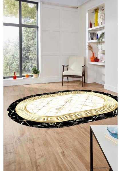 Çerçeveli Mermer Desen Dijital Kaymaz Yıkanabilir Oval Yolluk Salon Halısı, O-Mermer-18-Gold, fırsatları