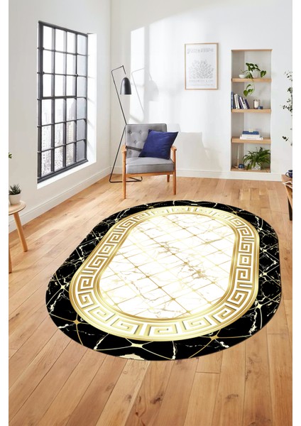 Çerçeveli Mermer Desen Dijital Kaymaz Yıkanabilir Oval Yolluk Salon Halısı, O-Mermer-18-Gold, indirimleri