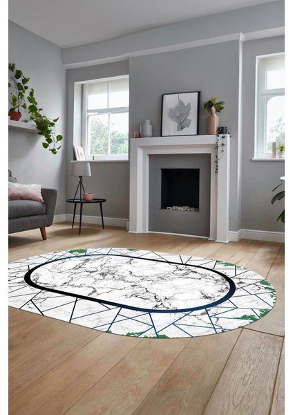 Mermer Desenli Dijital Kaymaz Yıkanabilir Oval Mutfak Koridor Salon Halısı, O-Mermer-11-Mavi,