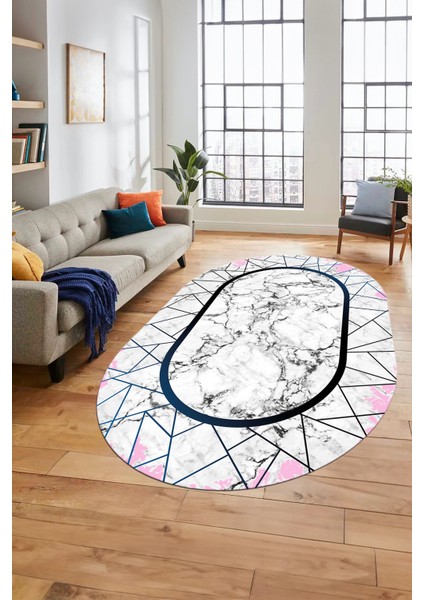 Mermer Desenli Dijital Kaymaz Yıkanabilir Oval Mutfak Koridor Salon Halısı, O-Mermer-11-Mavi,