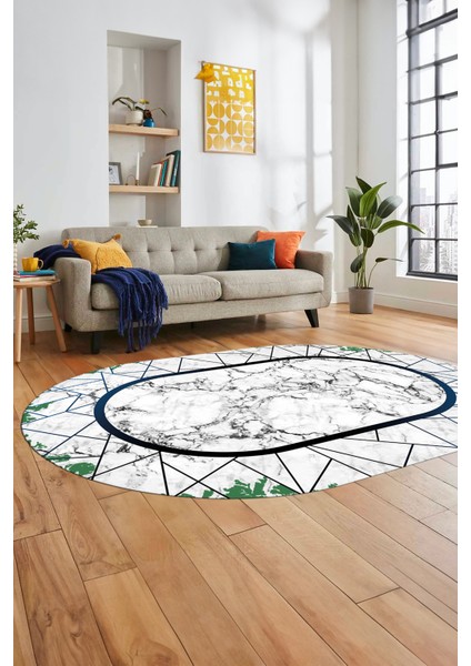 Mermer Desenli Dijital Kaymaz Yıkanabilir Oval Mutfak Koridor Salon Halısı, O-Mermer-11-Mavi,