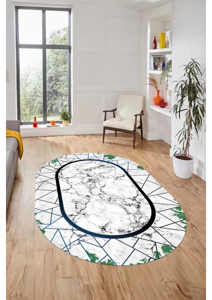 Mermer Desenli Dijital Kaymaz Yıkanabilir Oval Mutfak Koridor Salon Halısı, O-Mermer-11-Mavi,