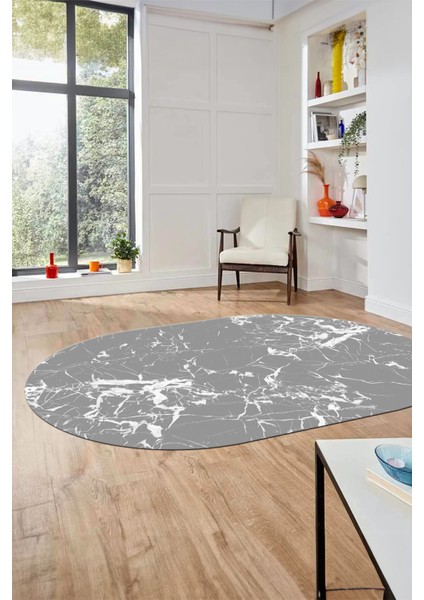 Modern Mermer Desen Kaymaz Yıkanabilir Oval Yolluk Mutfak Koridor Salon Halısı, O-Mermer-27-Gri,