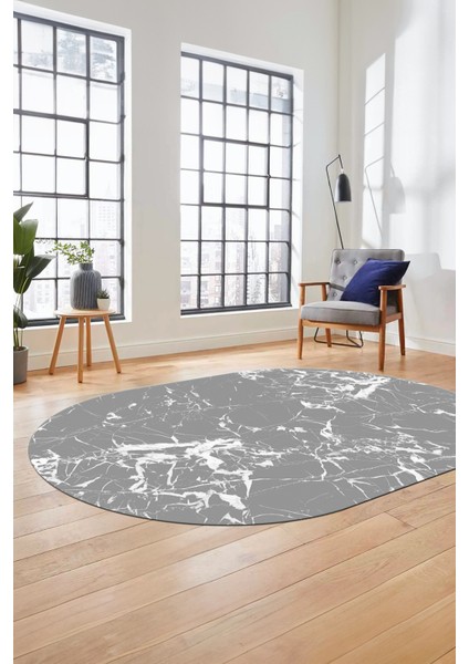 Modern Mermer Desen Kaymaz Yıkanabilir Oval Yolluk Mutfak Koridor Salon Halısı, O-Mermer-27-Gri,