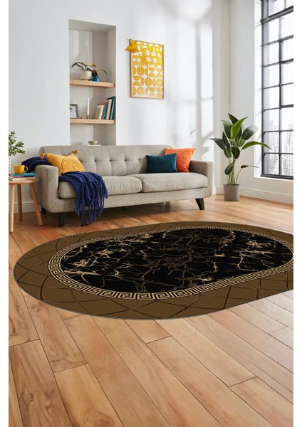 Çerçeveli Mermer Desen Kaymaz Yıkanabilir Oval Yolluk Koridor Salon Halısı, O-Mermer-23-Kahve,
