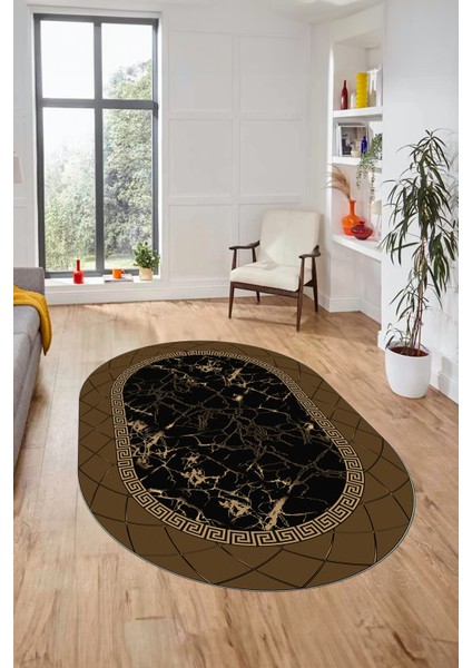 Çerçeveli Mermer Desen Kaymaz Yıkanabilir Oval Yolluk Koridor Salon Halısı, O-Mermer-23-Kahve,