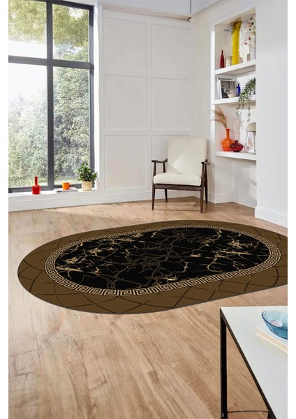 Çerçeveli Mermer Desen Kaymaz Yıkanabilir Oval Yolluk Koridor Salon Halısı, O-Mermer-23-Kahve,