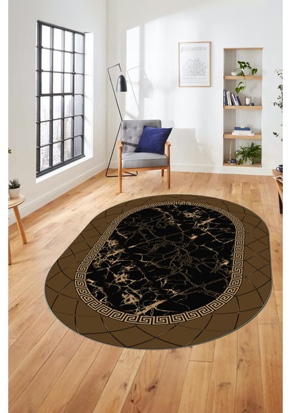 Çerçeveli Mermer Desen Kaymaz Yıkanabilir Oval Yolluk Koridor Salon Halısı, O-Mermer-23-Kahve,