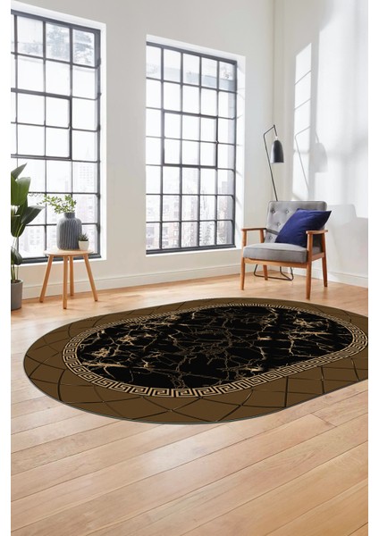 Çerçeveli Mermer Desen Kaymaz Yıkanabilir Oval Yolluk Koridor Salon Halısı, O-Mermer-23-Kahve,