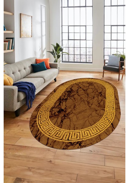 Çerçeveli Mermer Desenli Dijital Kaymaz Yıkanabilir Oval Koridor Salon Halısı, O-Mermer-12-Kahve, modelleri