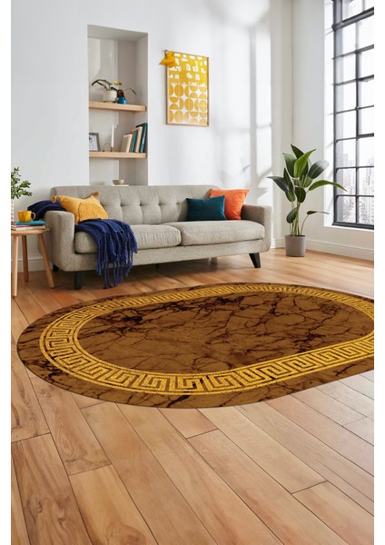 Çerçeveli Mermer Desenli Dijital Kaymaz Yıkanabilir Oval Koridor Salon Halısı, O-Mermer-12-Kahve, fırsatları