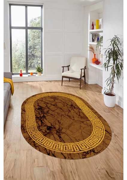 Çerçeveli Mermer Desenli Dijital Kaymaz Yıkanabilir Oval Koridor Salon Halısı, O-Mermer-12-Kahve, indirimleri
