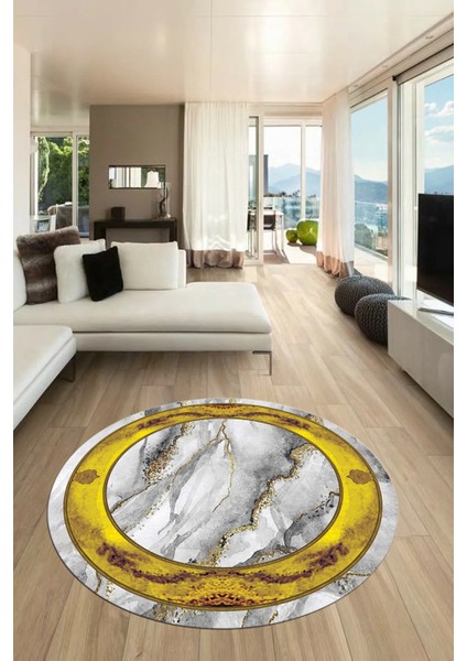 Baskılı Kaymaz Yıkanabilir Çerçeveli Mermer Desenli Yuvarlak Mutfak Salon Halısı, Y-Mermer-03-Gold,